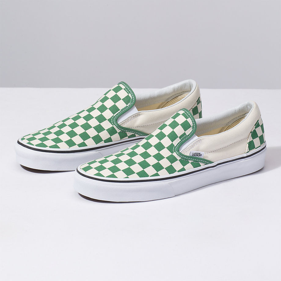 Vans Bayan Kaykay Ayakkabısı Checkerboard Slip-On Koyu Yeşil/Beyaz | 56468-328